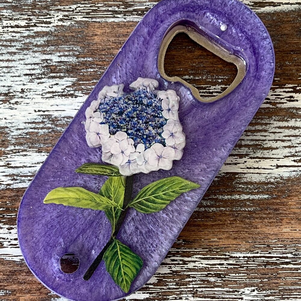 Purple Hydrangea Resin Bottle Opener with Fridge Magnet Bar Accessories Beer Bot